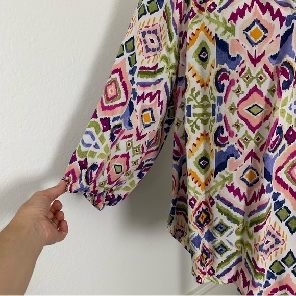 Beach lunch lounge Colorful Ikat Popover V Neck Blouse Size M - Picture 6 of 16